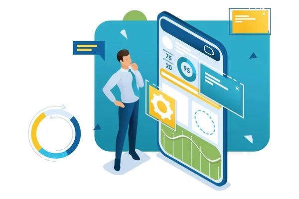 Young man arbetar med en mobil applikation för datainsamling och analys. Koncept arbete med grafforskning. 3D Isometrisk koncept för webbdesign — Stock vektor