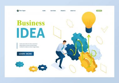 Girişimci bir iş fikri vites bükümgeliştirir. Bir iş fikri yaratma kavramı. 3d biyometrik. Açılış sayfası kavramları ve web tasarımı