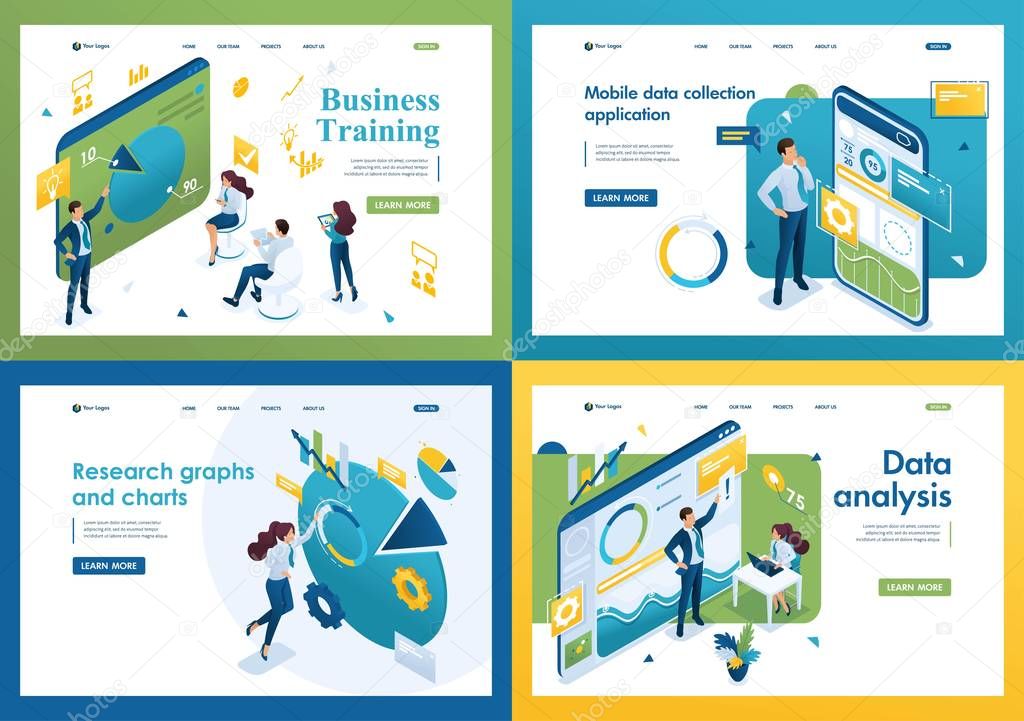 Set of isometric concepts business training, mobile app, graphs and charts, data analysis. For Landing page concepts and web design