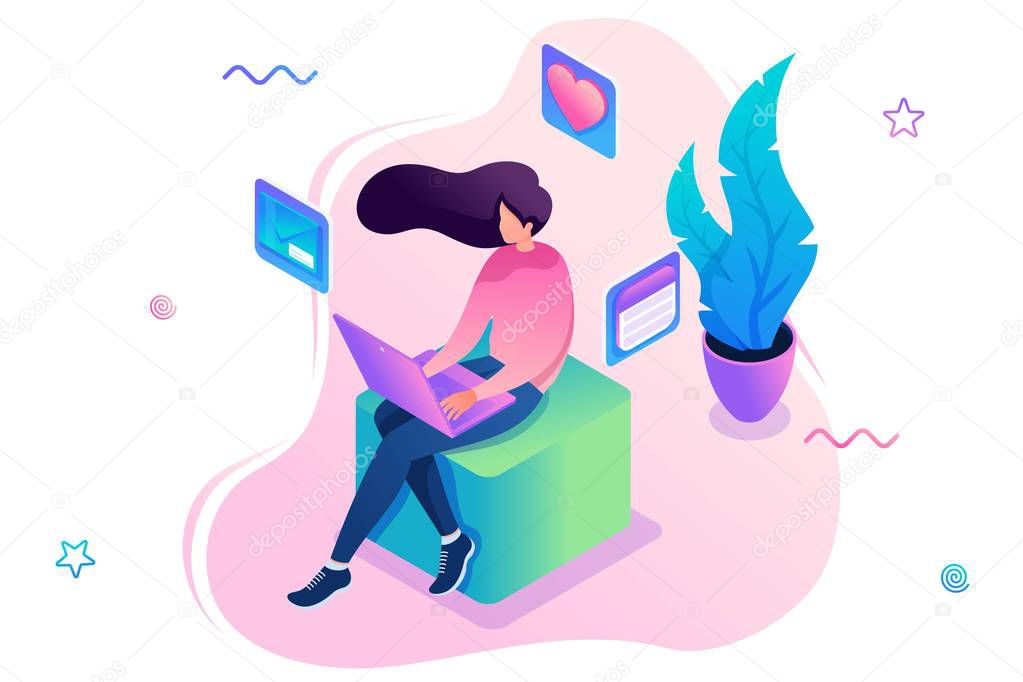 Young girl communicates in a social network via the laptop. Concept of social networks. 3d isometric Concept for web design