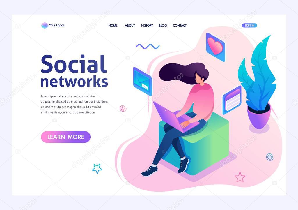 Young girl communicates in a social network via the laptop. Concept of social networks. 3d isometric. Landing page concepts and web design
