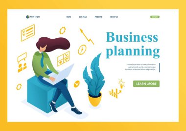 Genç kız bir dizüstü bilgisayarla iş planlamakla meşgul. Planlama konsepti. Üç boyutlu izometrik. İniş sayfası kavramları ve web tasarımı