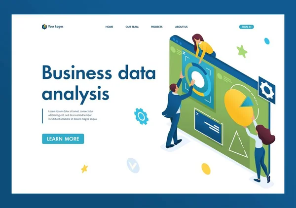 Joven equipo de empresarios comprometidos en el análisis de negocios en una tableta grande. Concepto de análisis de datos. 3d isométrica. Conceptos de landing page y diseño web — Vector de stock