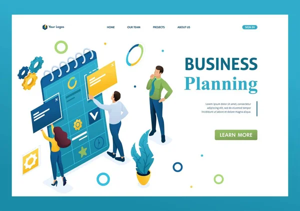 Ein junges Unternehmerteam arbeitet an der Erstellung eines Businessplans. Erstellung eines Businessplans. 3D isometrisch. Landing Page Konzepte und Webdesign — Stockvektor