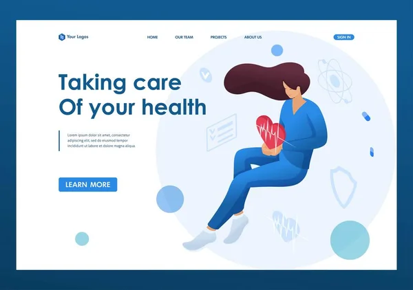Doctor woman holding a beating heart personifying the care of about the health of the patient. Health care concept. Landing page concepts and web design — Stock Vector
