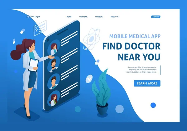 Aplicación móvil para buscar médicos cercanos con usted. Concepto de salud. 3d isométrica. Conceptos de landing page y diseño web — Archivo Imágenes Vectoriales