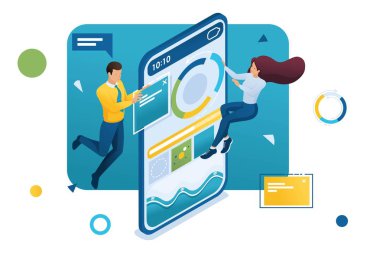 Genç işadamları internette veri topluyor. Veri toplama kavramı. Web tasarımı için 3d biyometrik Konsept