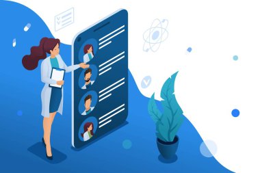 Mobil uygulama sizinle yakın doktorlar aramak için. Sağlık konsepti. Web tasarımı için 3d biyometrik Konsept