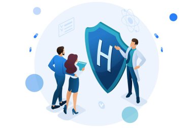 Genç doktor çifte sağlık sigortası sunuyor. Sağlık sigortası kavramı. Web tasarımı için 3d biyometrik Konsept