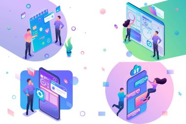 Izometrik kavramlar iş planlaması seti, pano, mobil uygulama, sosyal ağ oluşturun. Web tasarımı için Konsept için