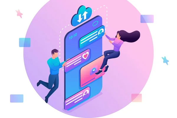 Young people communicate in social networks through the app on the phone. Concept of modern technology. 3d isometric Concept for web design — Stock Vector