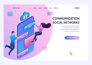 Gençler sosyal ağlarda telefonla uygulama üzerinden iletişim kuruyor. Modern teknoloji kavramı. Açılış sayfası kavramları ve web tasarımı