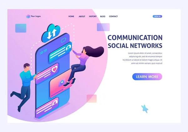 Fiatalok kommunikálni a szociális hálózatok révén az app a telefonon. A modern technológia fogalma. Céloldal fogalmak és web design — Stock Vector