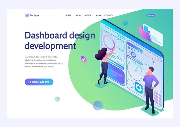 Young people are engaged in the Dashboard design development. Concept of modern technology. 3d isometric. Landing page concepts and web design