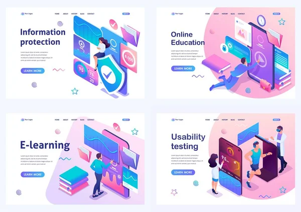 Ställ in isometriska landningssidor, koncept online-utbildning, informationsskydd, mobilapplikations testning — Stock vektor