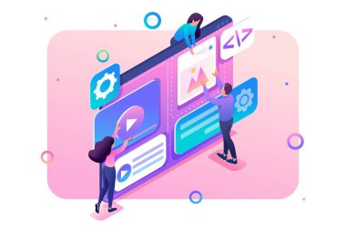 Uzman ekibi web tasarımının oluşturulması üzerinde çalışmaktadır. Takım çalışması kavramı. 3d biyometrik. Web tasarımı için konsept