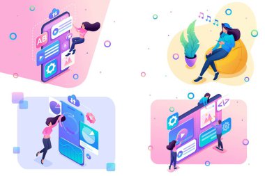İzometrik kavramlar menü ayarı, web tasarımı, müzik dinlemek, veri analizi kümesi. Web tasarımı için Konsept için