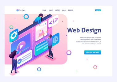 Uzman ekibi web tasarımının oluşturulması üzerinde çalışmaktadır. Takım çalışması kavramı. 3d biyometrik. Açılış sayfası kavramları ve web tasarımı