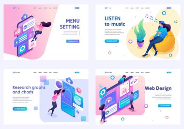 İzometrik kavramlar menü ayarı, web tasarımı, müzik dinlemek, veri analizi kümesi. Açılış sayfası kavramları ve web tasarımı için
