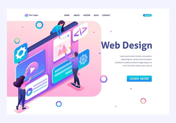 Team of specialists is working on the creation of web design. Concept of teamwork. 3d isometric. Landing page concepts and web design — Stock Vector
