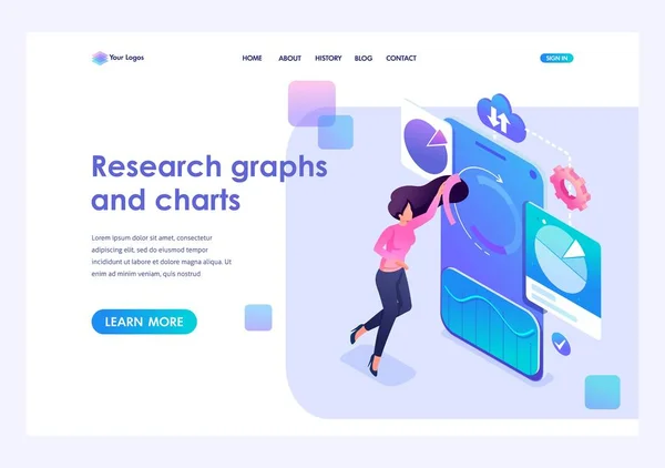 Genç kız akıllı telefonunuzdaki grafikleri ve grafikleri ayarlar. Veri analizi kavramı. 3d biyometrik. Açılış sayfası kavramları ve web tasarımı — Stok Vektör
