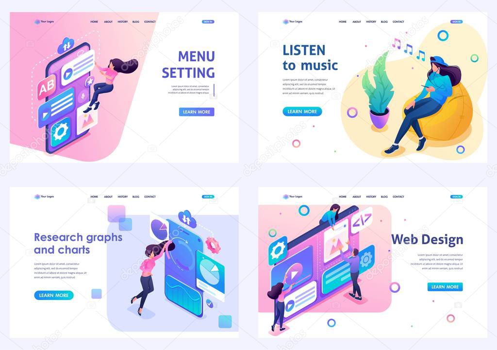 Set of isometric concepts menu setting, web design, listen to music, data analysis. For Landing page concepts and web design