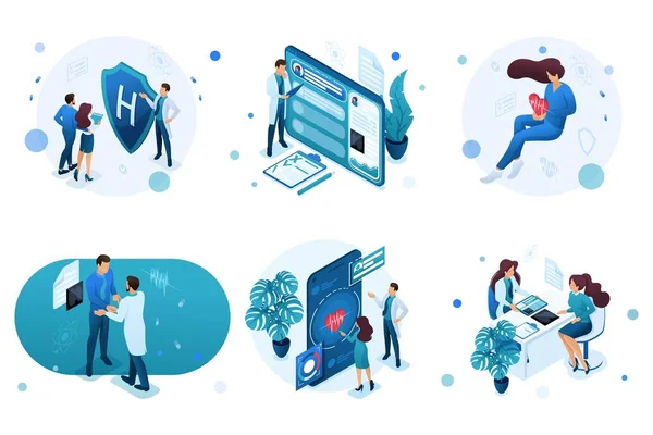 Set of isometric concepts for advertising and creating landing pages on the theme of medicine. Doctor advises the patient, medical worker during the work — Stock Vector