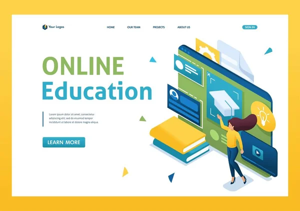 I giovani sono impegnati nella formazione online utilizzando un tablet. Concetto di educazione online. 3d isometrico. Concetti di Landing page e web design — Vettoriale Stock