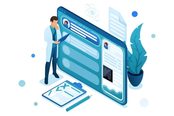 Doktor hastanın tabletteki elektronik tablosuna bakıyor. Sağlık konsepti. 3d biyometrik. Web tasarımı için konsept-01