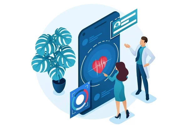 Doktor hastaya sağlığı korumak için uygulamayı nasıl kullanacağını gösterir. Sağlık konsepti. 3d biyometrik. Web tasarımı için konsept