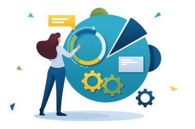 Genç kız iş yerinde, grafik Araştırma ve grafikler ile kadın karakter devam ediyor. Düz 2d karakter. Web tasarımı için konsept