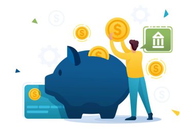 Genç adam banka mevduatına para yatırıyor, yatırım yapıyor. Düz 2d karakter. Web tasarımı için konsept