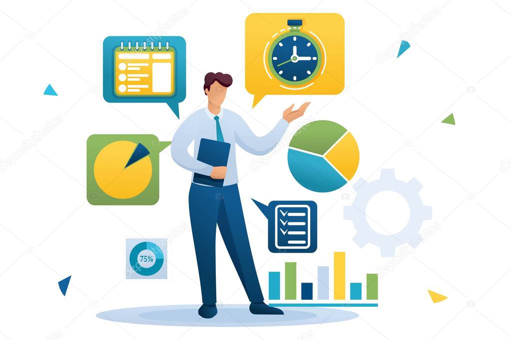 Young businessman is engaged in time management. Distribution of tasks. Flat 2D character. Concept for web design
