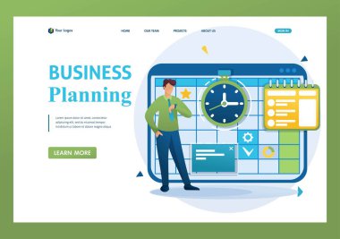 Genç girişimci iş planlama için zaman planları, ay için takvim doldurur. Düz 2d karakter. Açılış sayfası kavramları ve web tasarımı