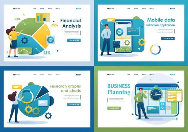 Set Flat 2D concepts financial analysis, data collection application, business planning, graphs and charts. For Landing page concepts and web design — Stock Vector