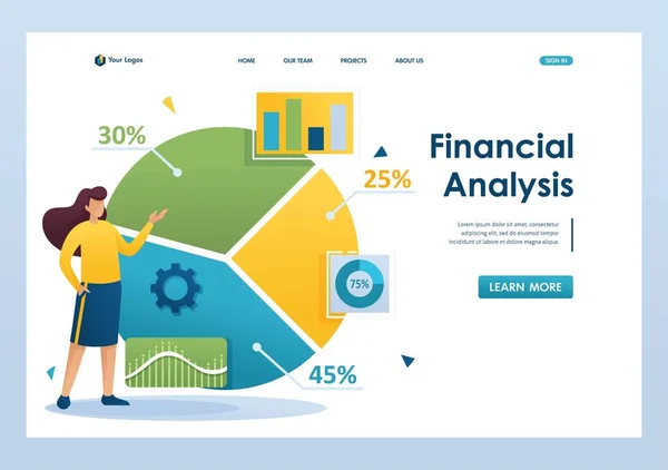 Jong meisje naast een grote grafiek en een set van analytische gegevens om de informatie te analyseren. Plat 2D-teken. Concepten van bestemmingspagina's en webontwerp — Stockvector