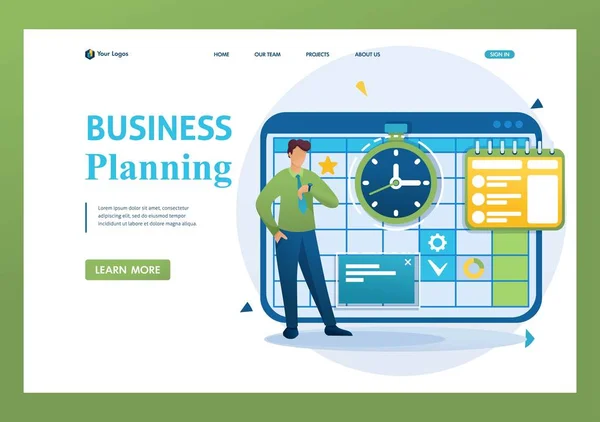 Joven empresario planea el tiempo para la planificación de negocios, llena el calendario para el mes. Carácter 2D plano. Conceptos de landing page y diseño web — Archivo Imágenes Vectoriales