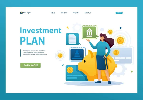 Chica joven demuestra su plan de inversión, la inversión y el crecimiento de los beneficios. Carácter 2D plano. Conceptos de landing page y diseño web — Vector de stock