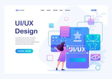 Genç kadın bir mobil uygulama için özel bir tasarım oluşturur, Ui Ux tasarım. Düz 2d karakter. Açılış sayfası kavramları ve web tasarımı