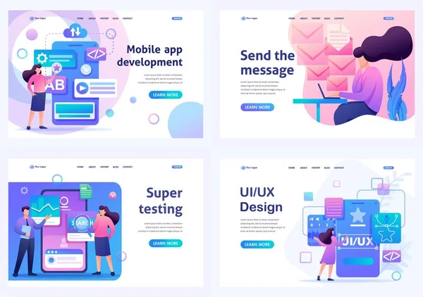 Set Flat 2D concepts Mobile app, UI UX Design, Super testing, Send message. Для концепций оформления страниц и веб-дизайна — стоковый вектор