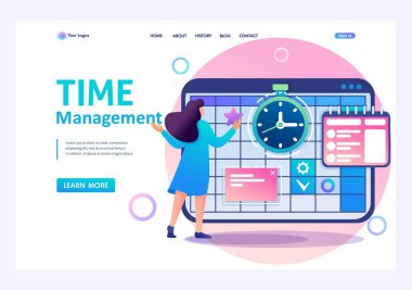 Genç kız bir ay boyunca zaman yönetimi ve iş planlaması yapan. Düz 2d karakter. Açılış sayfası kavramları ve web tasarımı