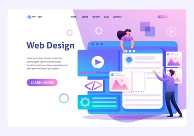 Gençler web tasarımı, web sitesi sayfası geliştirme ile meşgul. Düz 2d karakter. Açılış sayfası kavramları ve web tasarımı