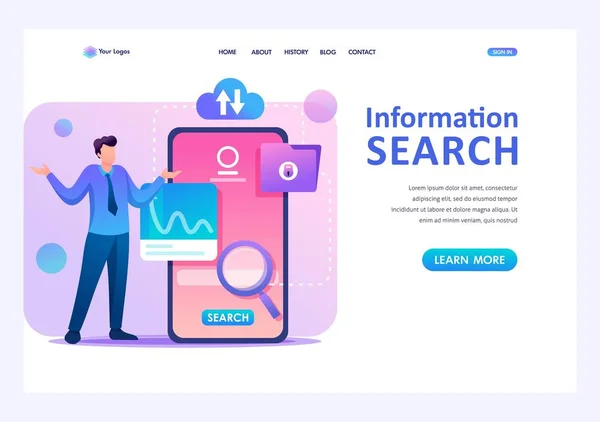 年轻人在电话屏幕上不知所措，在搜索信息。平面 2d 字符。着陆页概念和网页设计 — 图库矢量图片