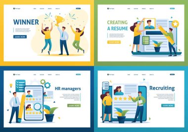 Set Flat 2D concepts Winner, HR managers, Recruiting, Creating a resume. For Landing page concepts and web design