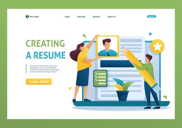 Equipo joven crea un curriculum vitae, solicitante, concepto de solicitante. Carácter 2D plano. Conceptos de landing page y diseño web — Vector de stock