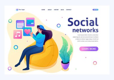 Genç kız akıllı telefonunda müzik dinler ve bir sosyal ağ kullanır. Düz 2d karakter. Açılış sayfası kavramları ve web tasarımı