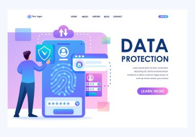 Cep telefonu, veri koruması, biyometrik kilidi olan genç bir adam. Düz 2d karakter. Açılış sayfası kavramları ve web tasarımı