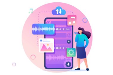 Genç kız sesli mesaj göndererek iletişim kurar. Modern İletişim Kavramı. Düz 2d karakter. Web tasarımı için konsept