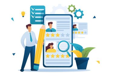 Genç başarılı İnsan Kaynakları Müdürü, inceleme, işe alma kavramı devam. Düz 2d karakter. Web tasarımı için konsept