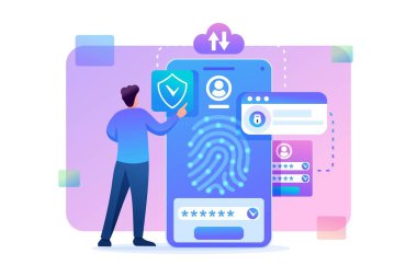 Cep telefonu, veri koruması, biyometrik kilidi olan genç bir adam. Düz 2d karakter. Web tasarımı için konsept